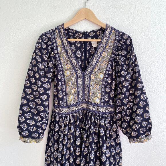 La Vie Rebecca Taylor Indienne Cotton Midi Dress Boho Floral Block Print Small - Picture 5 of 12